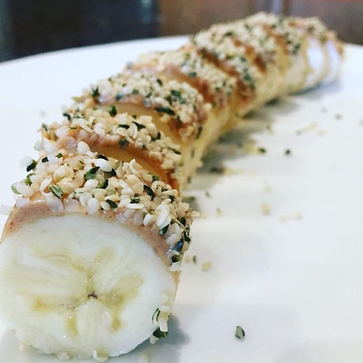 Banana sushi anyone? This is so easy and soooo delicious! A little peanut or alm…
