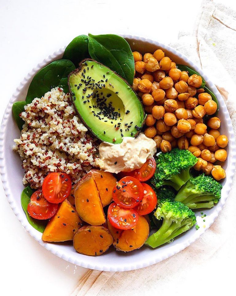 Roasted curried chickpeas, quinoa and bulgar wheat, broccoli, sweet potato, avoc…