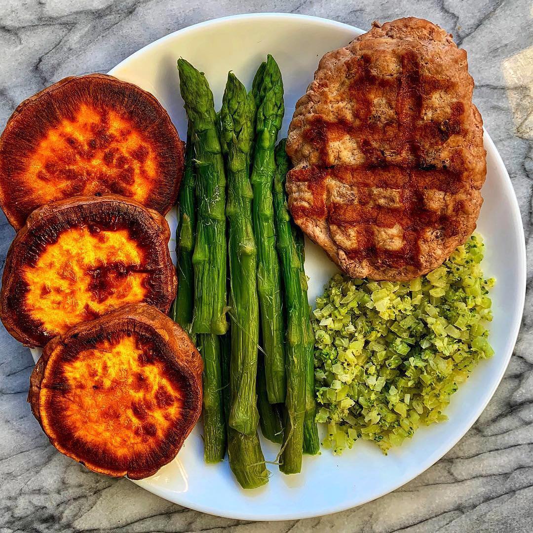 Dinner tonight is a turkey burger, sweet potatoes, roasted asparagus and riced broccoli