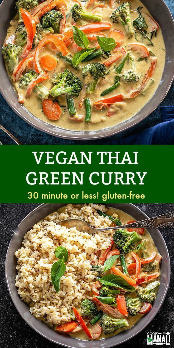 Easy Vegan Thai Green Curry gets done in 30 minutes! Packed with fresh veggies a…