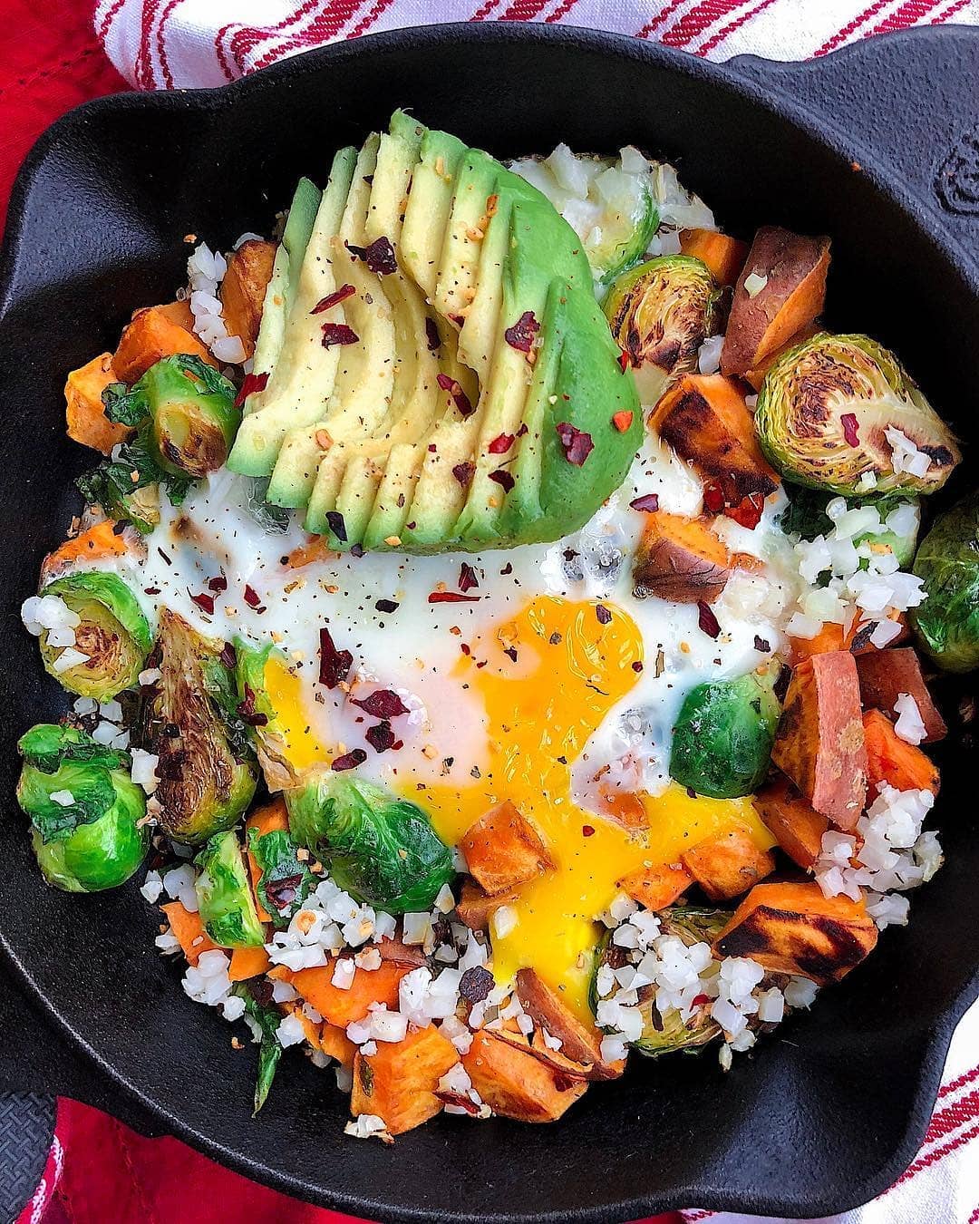 Sweet potato, Brussels, and Egg skillet