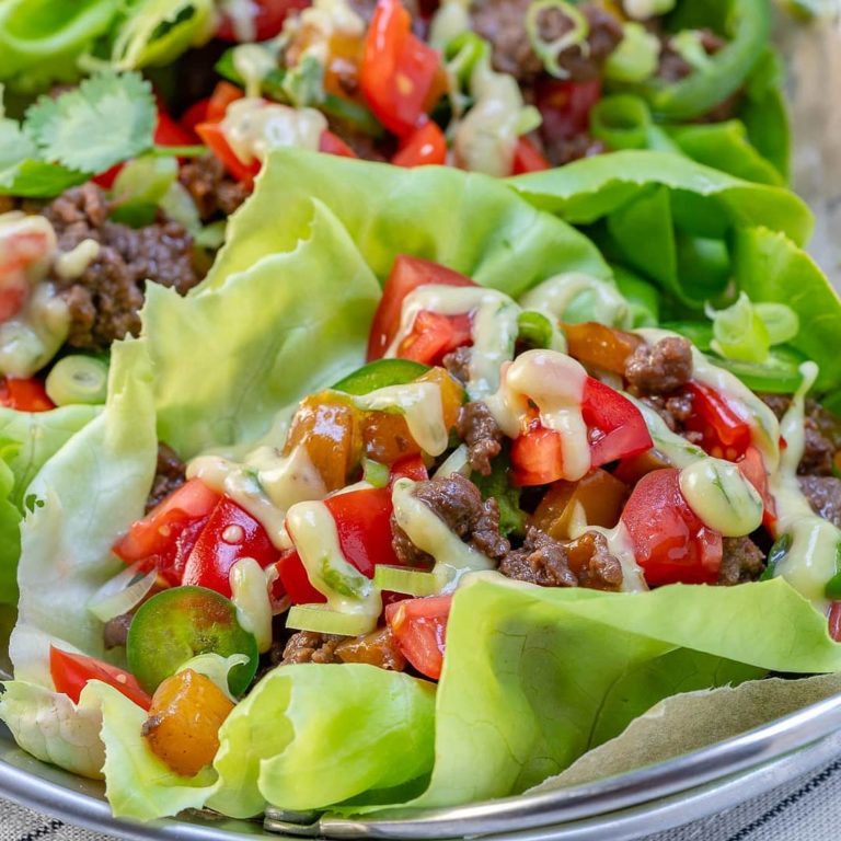 Tangy Grass-fed Beef Lettuce Wraps + Avocado Cilantro Cream Sauce  .
.
{ Let’s e…