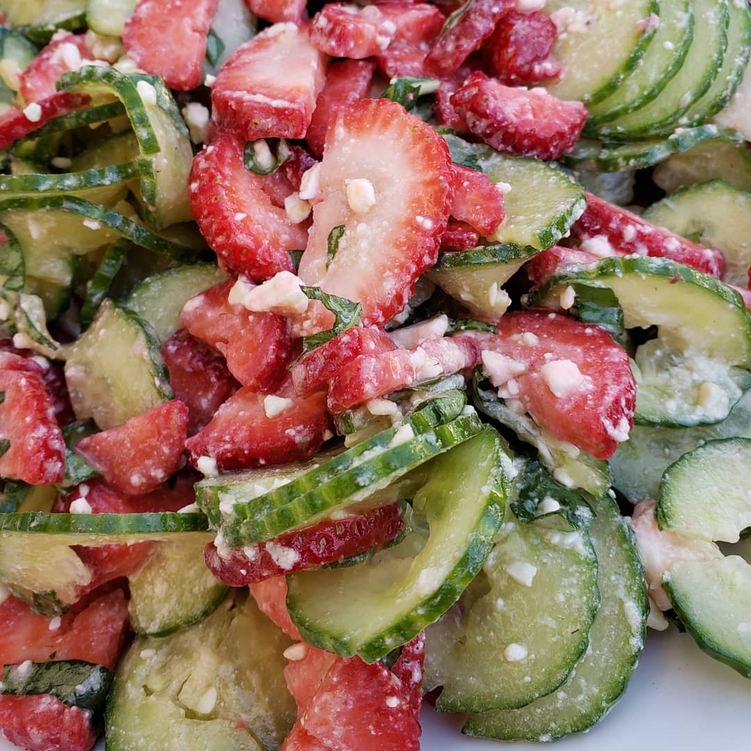 Fresh Strawberry + Cucumber Basil Salad  .
{ Strawberries are still in season an…