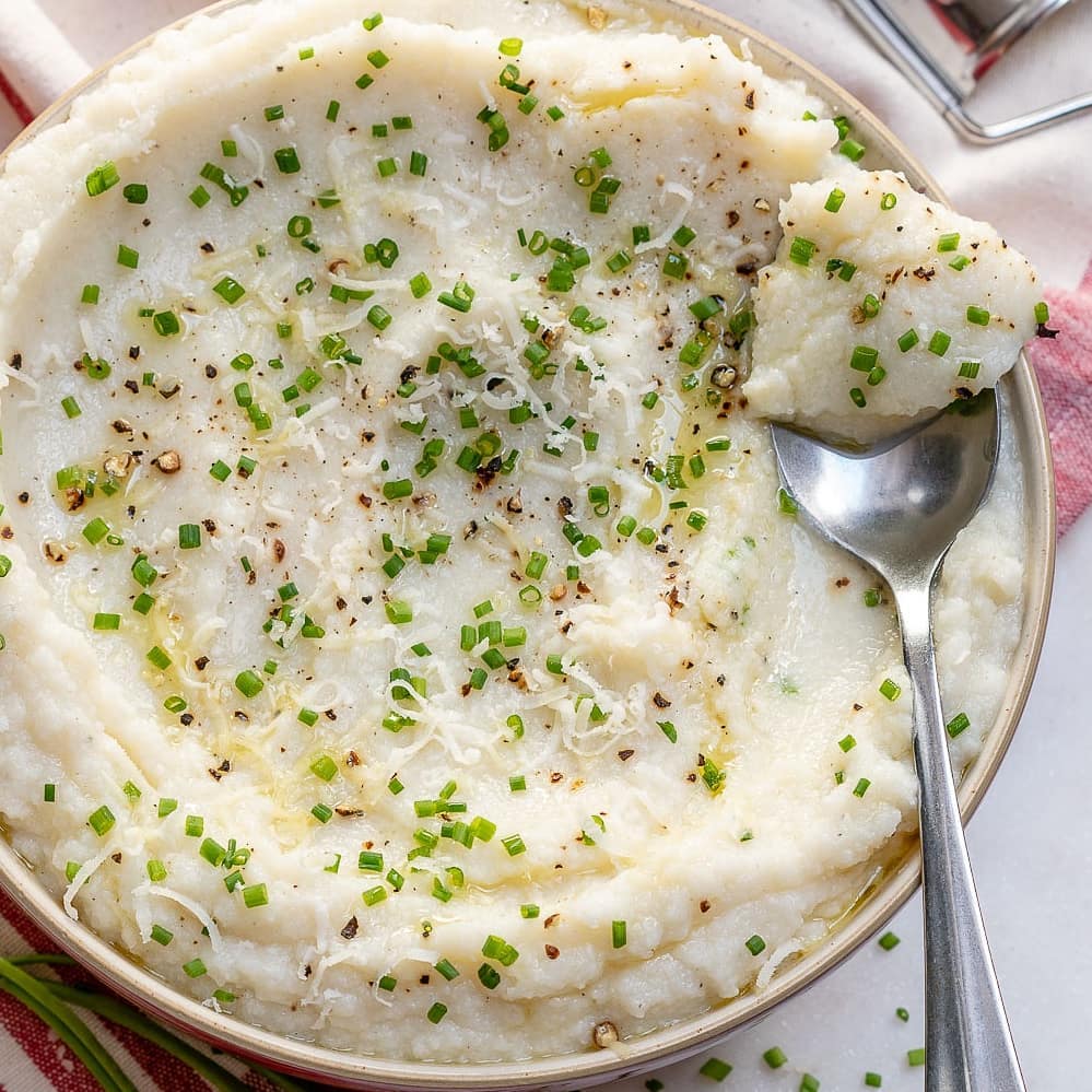 Garlicy-Parm Mashed Cauliflower
{ Mashed cauli fans?!!  I LOVE it…especially …
