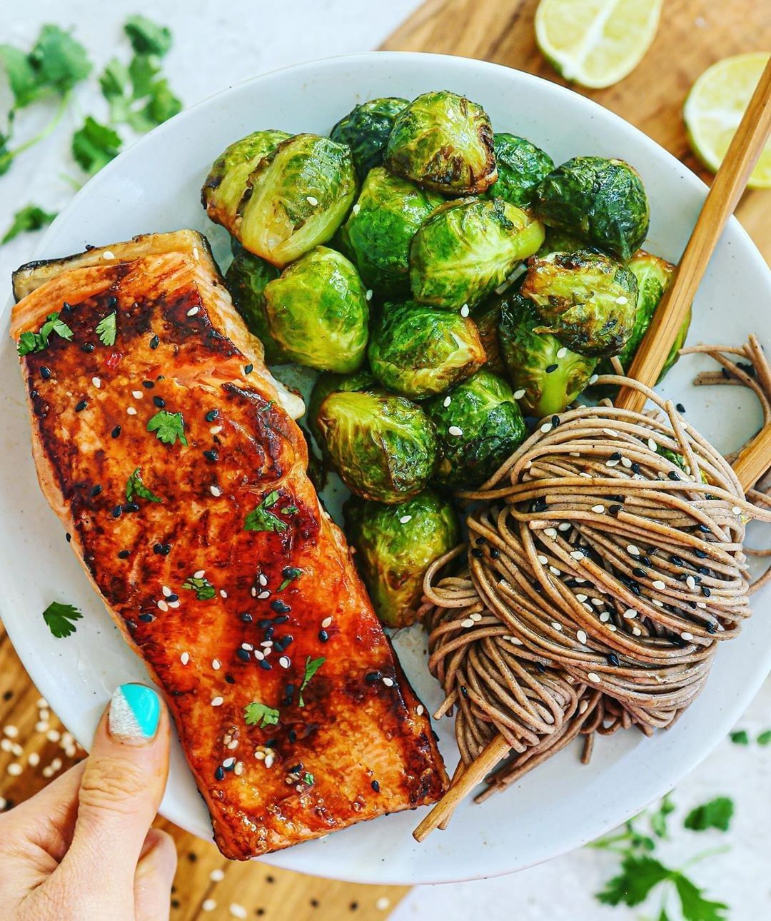 SWEET CHILI SALMON, SWEET AND SOUR BRUSSELS