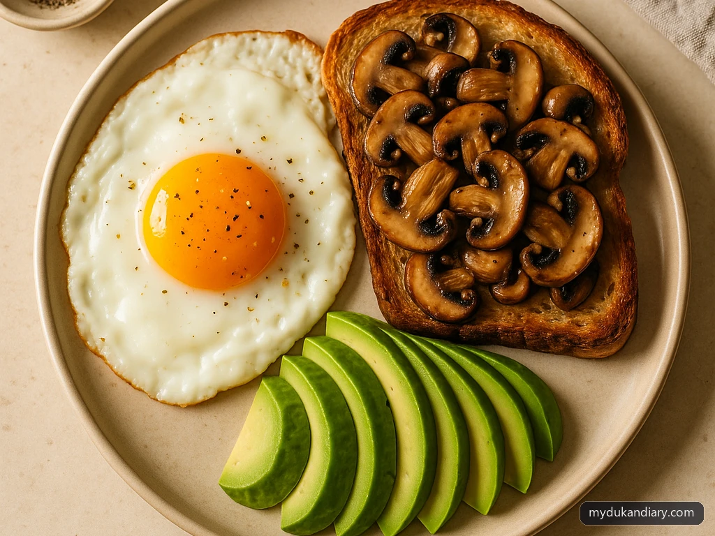 Healthy Breakfast: Sunny Eggs, Mushrooms Toast & Avocado